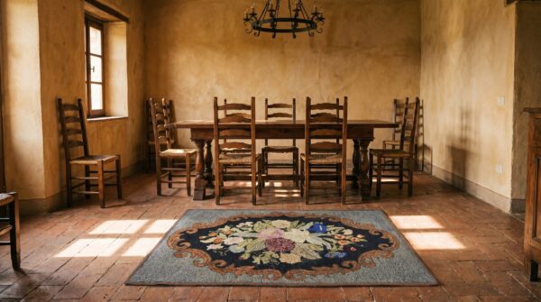 Small square scatter size hooked antique american 1935 wool rug 5 Small square scatter size hooked antique american 1935 wool rug (sku 17563) - room view