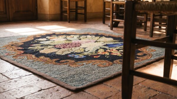 Small square scatter size hooked antique american 1935 wool rug 6 Small square scatter size hooked antique american 1935 wool rug (sku 17563) - in-room detail