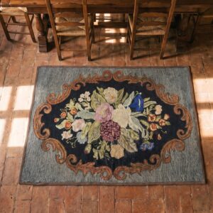 Small Square Scatter Size Hooked Antique American 1935 Wool Rug (SKU 17563) - styled overhead view