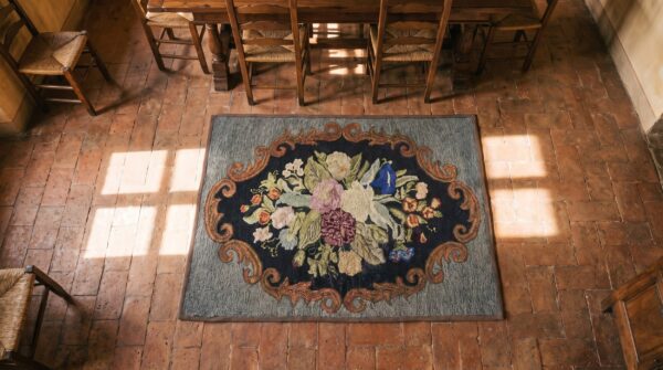 Small square scatter size hooked antique american 1935 wool rug 2 Small square scatter size hooked antique american 1935 wool rug (sku 17563) - styled overhead view