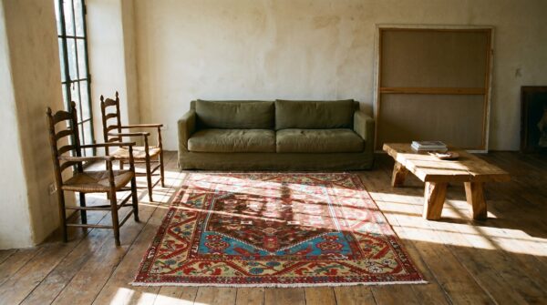 Small square antique tribal early 19th century turkish kula knotted rug 7 Small square antique tribal early 19th century turkish kula knotted rug (sku 18006) - room view