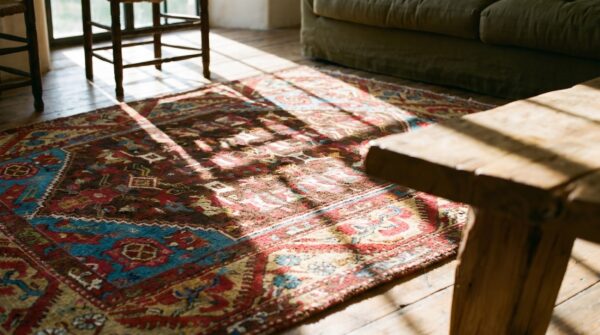 Small square antique tribal early 19th century turkish kula knotted rug 8 Small square antique tribal early 19th century turkish kula knotted rug (sku 18006) - in-room detail