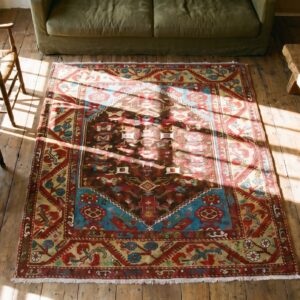 Small Square Antique Tribal Early 19th Century Turkish Kula Knotted Rug (SKU 18006) - styled overhead view