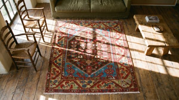 Small square antique tribal early 19th century turkish kula knotted rug 2 Small square antique tribal early 19th century turkish kula knotted rug (sku 18006) - styled overhead view