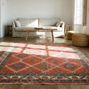Small Square Antique Tribal Geometric Design Coral Persian Kurdish Rug (SKU 19713) - room view
