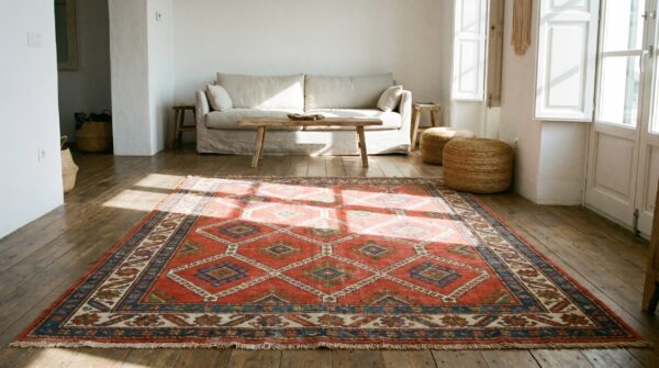 Small square antique tribal geometric design coral persian kurdish rug (sku 19713) - room view
