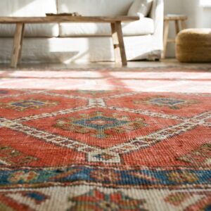 Small Square Antique Tribal Geometric Design Coral Persian Kurdish Rug (SKU 19713) - in-room detail