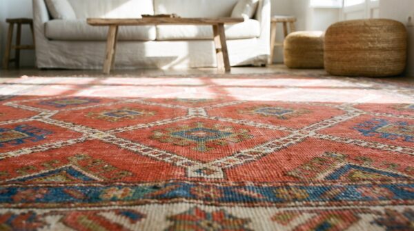 Small square antique tribal geometric design coral persian kurdish rug (sku 19713) - in-room detail
