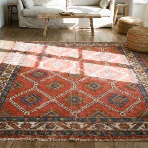 Small Square Antique Tribal Geometric Design Coral Persian Kurdish Rug (SKU 19713) - styled overhead view