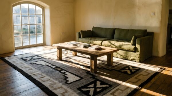 Small square antique tribal geometric gray native american navajo kilim rug 13 Small square antique tribal geometric gray native american navajo kilim rug (sku 24275) - room view