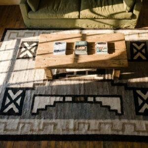 Small Square Antique Tribal Geometric Gray Native American Navajo Kilim Rug (SKU 24275) - styled overhead view