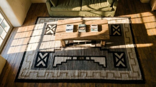 Small square antique tribal geometric gray native american navajo kilim rug 2 Small square antique tribal geometric gray native american navajo kilim rug (sku 24275) - styled overhead view
