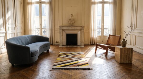 Small square tribal antique geometric native american navajo flatweave rug 8 Small square tribal antique geometric native american navajo flatweave rug (sku 21478) - room view