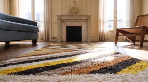 Small square tribal antique geometric native american navajo flatweave rug 9 Small square tribal antique geometric native american navajo flatweave rug (sku 21478) - in-room detail
