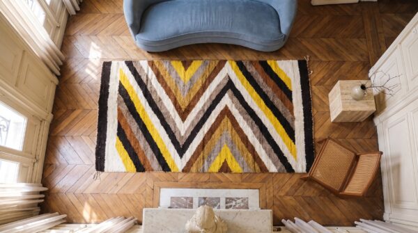 Small square tribal antique geometric native american navajo flatweave rug 2 Small square tribal antique geometric native american navajo flatweave rug (sku 21478) - styled overhead view