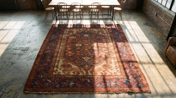 Small antique square tribal turkish late 19th century kula rug 2 Small antique square tribal turkish late 19th century kula rug (sku 18340) - styled overhead view