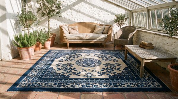 Small square antique white and blue chinese ningxia area rug 7 Small square antique white and blue chinese ningxia area rug (sku 21912) - room view