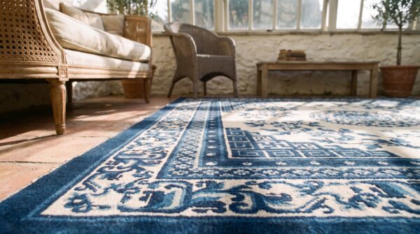 Small square antique white and blue chinese ningxia area rug 8 Small square antique white and blue chinese ningxia area rug (sku 21912) - in-room detail
