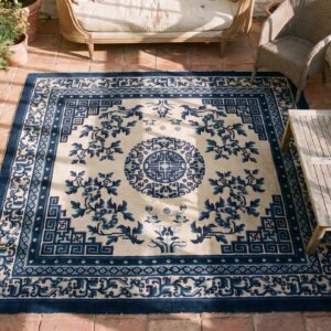 Small Square Antique White and Blue Chinese Ningxia Area Rug (SKU 21912) - styled overhead view