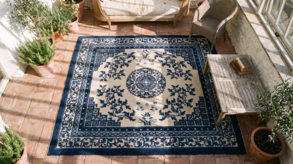Small square antique white and blue chinese ningxia area rug 2 Small square antique white and blue chinese ningxia area rug (sku 21912) - styled overhead view