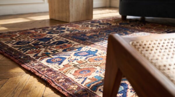 Small tribal antique 19th century persian kurdish sanjabi coral carpet 10 Small tribal antique 19th century persian kurdish sanjabi coral carpet (sku 19435) - in-room detail