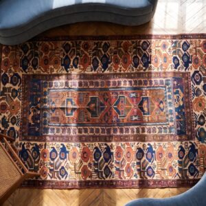 Small Tribal Antique 19th Century Persian Kurdish Sanjabi Coral Carpet (SKU 19435) - styled overhead view