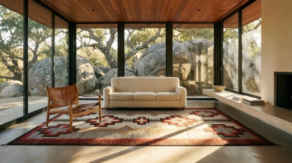 Small tribal antique bold geometric native american flat weave navajo rug 9 Small tribal antique bold geometric native american flat weave navajo rug (sku 25676) - room view