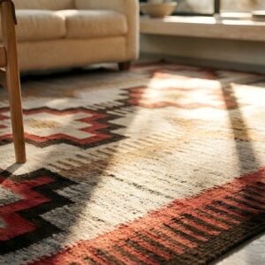Small Tribal Antique Bold Geometric Native American Flat Weave Navajo Rug (SKU 25676) - in-room detail