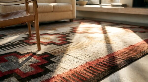 Small tribal antique bold geometric native american flat weave navajo rug 10 Small tribal antique bold geometric native american flat weave navajo rug (sku 25676) - in-room detail