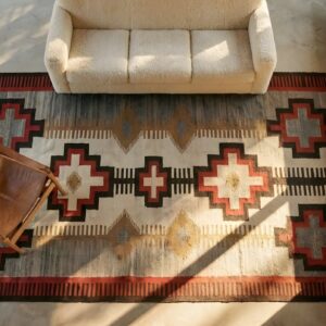 Small Tribal Antique Bold Geometric Native American Flat Weave Navajo Rug (SKU 25676) - styled overhead view