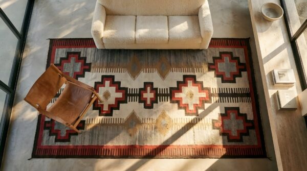 Small tribal antique bold geometric native american flat weave navajo rug 2 Small tribal antique bold geometric native american flat weave navajo rug (sku 25676) - styled overhead view