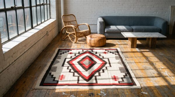 Small tribal geometric diamond medallion antique native american navajo flatwoven kilim rug 7 Small tribal geometric diamond medallion antique native american navajo flatwoven kilim rug (sku 21473) - room view