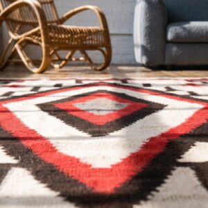 Small Tribal Geometric Diamond Medallion Antique Native American Navajo Flatwoven Kilim Rug (SKU 21473) - in-room detail