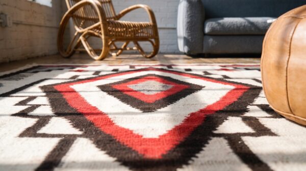 Small tribal geometric diamond medallion antique native american navajo flatwoven kilim rug 8 Small tribal geometric diamond medallion antique native american navajo flatwoven kilim rug (sku 21473) - in-room detail