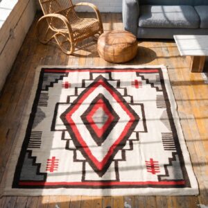 Small Tribal Geometric Diamond Medallion Antique Native American Navajo Flatwoven Kilim Rug (SKU 21473) - styled overhead view