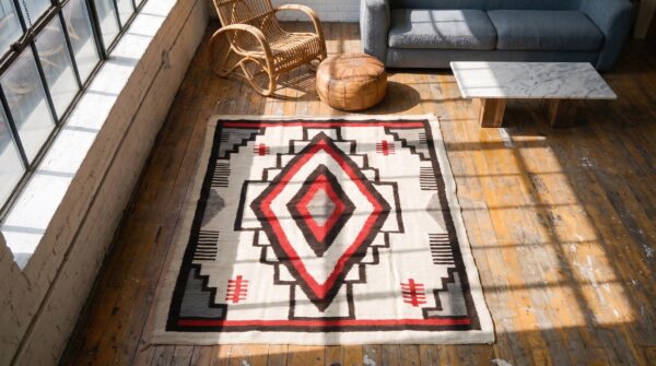 Small tribal geometric diamond medallion antique native american navajo flatwoven kilim rug 2 Small tribal geometric diamond medallion antique native american navajo flatwoven kilim rug (sku 21473) - styled overhead view
