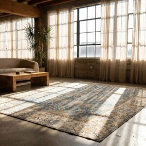 Small Tribal Geometric Antique Indian Blue and White Cotton Agra Carpet (SKU 19809) - room view