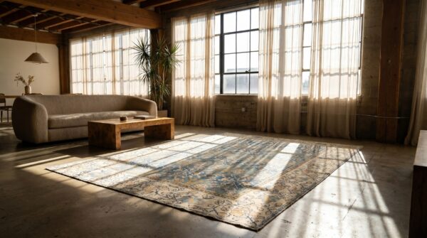 Small tribal geometric antique indian blue and white cotton agra carpet (sku 19809) - room view