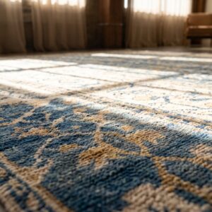 Small Tribal Geometric Antique Indian Blue and White Cotton Agra Carpet (SKU 19809) - in-room detail