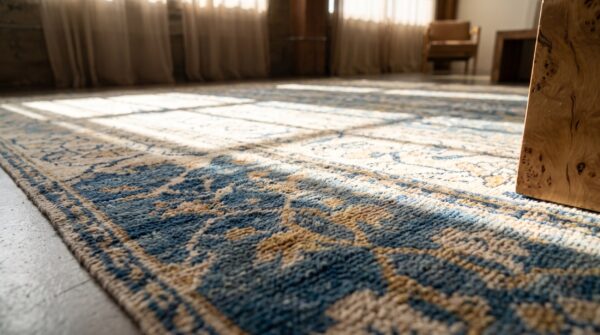 Small tribal geometric antique indian blue and white cotton agra carpet (sku 19809) - in-room detail