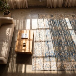 Small Tribal Geometric Antique Indian Blue and White Cotton Agra Carpet (SKU 19809) - styled overhead view