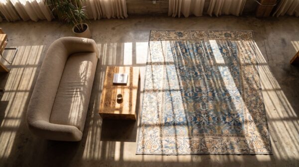 Small tribal geometric antique indian blue and white cotton agra carpet (sku 19809) - styled overhead view