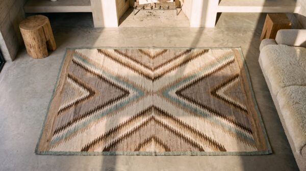 Small tribal geometric antique navajo flatweave native american rug 6 Small tribal geometric antique navajo flatweave native american rug (sku 20898) - in-room detail