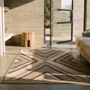 Small Tribal Geometric Antique Navajo Flatweave Native American Rug (SKU 20898) - styled overhead view
