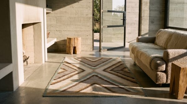 Small tribal geometric antique navajo flatweave native american rug 2 Small tribal geometric antique navajo flatweave native american rug (sku 20898) - styled overhead view