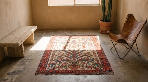 Small tribal geometric tree of life pattern antique ivory persian malayer rug 8 Small tribal geometric tree of life pattern antique ivory persian malayer rug (sku 22749) - room view