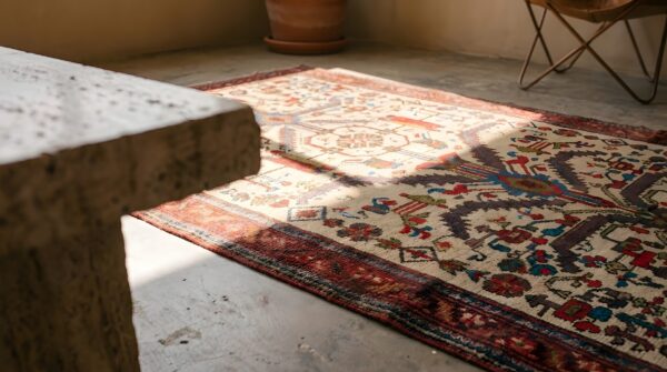 Small tribal geometric tree of life pattern antique ivory persian malayer rug 9 Small tribal geometric tree of life pattern antique ivory persian malayer rug (sku 22749) - in-room detail