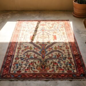 Small Tribal Geometric Tree Of Life Pattern Antique Ivory Persian Malayer Rug (SKU 22749) - styled overhead view