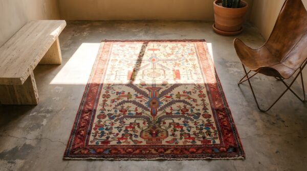 Small tribal geometric tree of life pattern antique ivory persian malayer rug 2 Small tribal geometric tree of life pattern antique ivory persian malayer rug (sku 22749) - styled overhead view