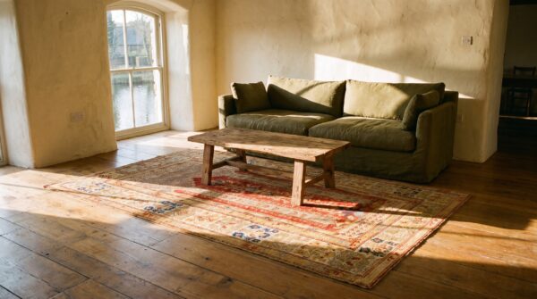 Small tribal geometric antique turkish muslim prayer design red kula rug (sku 23732) - room view